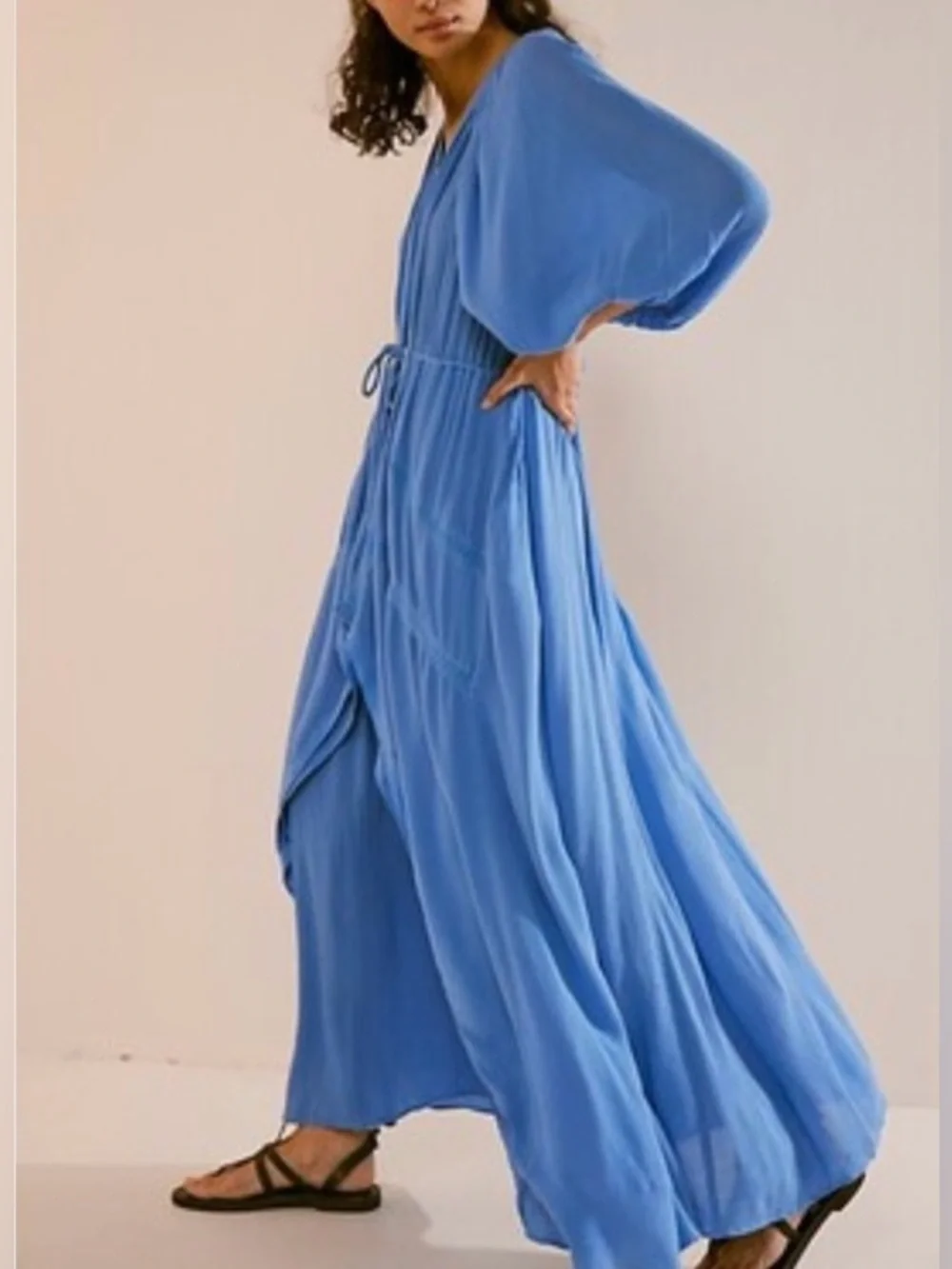 NWT Free People Turquoise V-Neck Tie-Waist Maxi Dress - Picture 4 of 14